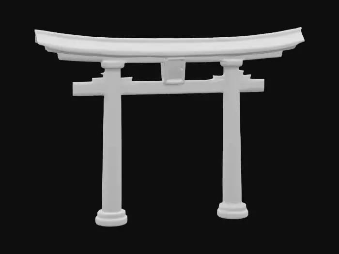3D model for Highly detailed 3D model of a traditional Japanese torii gate, made of aged wood with faded red paint peeling off in places. The wood is cracked and worn from years of exposure to rain and sun, showing natural grain and splintering. Moss and small patches of lichen grow around the base and in the crevices of the gate’s crossbeams. The gate stands tall with two vertical pillars and two horizontal crossbeams, the top one slightly curved upwards at the ends. Subtle dirt stains and weathering effects give it a realistic, ancient appearance. Use high-poly mesh with detailed textures emphasizing the wood grain, chipped paint, and moss patches. Suitable for a mystical, abandoned shrine setting