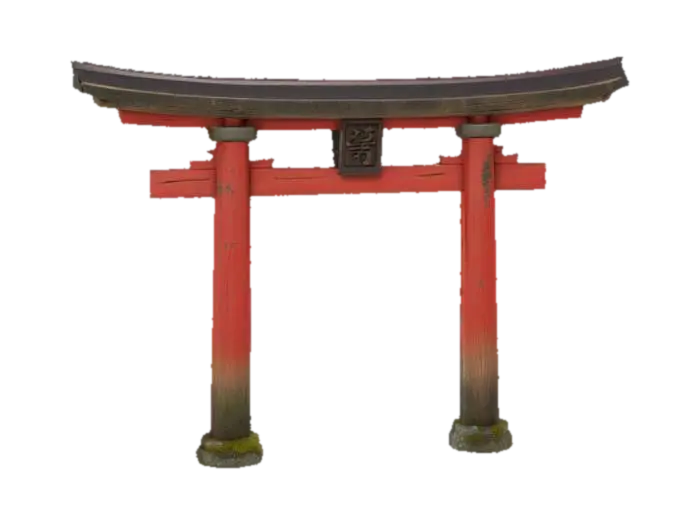 Highly detailed 3D model of a traditional Japanese torii gate, made of aged wood with… 3D model, vytvořený pomocí AI