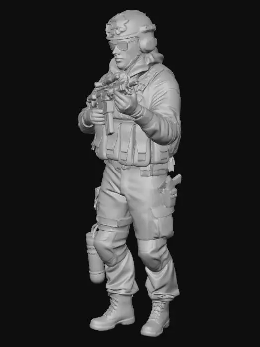 3D model for A hyper-realistic man in an army suit, holding a gun with several other guns and grenades attatched to him.