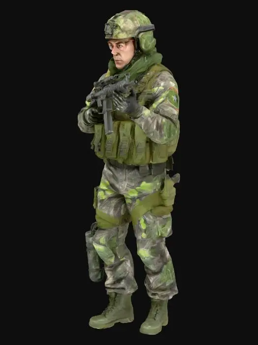 3D model for A hyper-realistic man in an army suit, holding a gun with several other guns and grenades attatched to him.