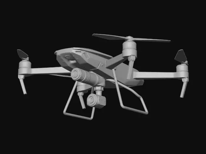 3D model for A sleek, obsidian-black aerial surveillance drone, featuring a streamlined, aerodynamic body with sharp, angular lines and integrated, pulsating blue LED accents. Its smooth, polished carbon fiber shell gives it a high-tech, stealthy appearance, suggesting a cool, metallic touch. Equipped with multiple gimbal-mounted optical sensors, it embodies advanced, precise functionality.