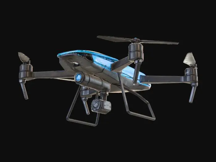 3D model for A sleek, obsidian-black aerial surveillance drone, featuring a streamlined, aerodynamic body with sharp, angular lines and integrated, pulsating blue LED accents. Its smooth, polished carbon fiber shell gives it a high-tech, stealthy appearance, suggesting a cool, metallic touch. Equipped with multiple gimbal-mounted optical sensors, it embodies advanced, precise functionality.