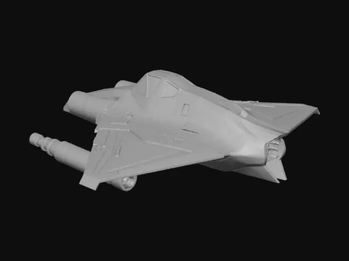 3D model for Una nave espacial de tipo interceptor, con aspecto ligero. Dos motores traseros, y equipada con dos armas energéticas y dos lanzamisiles, debajo de las alas, un arma en cada lado