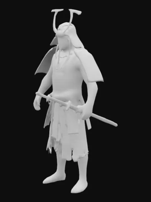 3D model for Hyperrealistic 3D render of a stoic samurai warrior in 4K resolution. He is clad in traditional samurai armor (yoroi) made of intricately detailed, black lacquered metal plates with crimson silk cords. The armor features a fearsome menpo (face mask) with a fierce expression and a kabuto (helmet) adorned with a golden crescent moon maedate (crest). He grips a katana with a meticulously crafted hilt and a polished steel blade reflecting the ambient light. The samurai stands in a dynamic pose