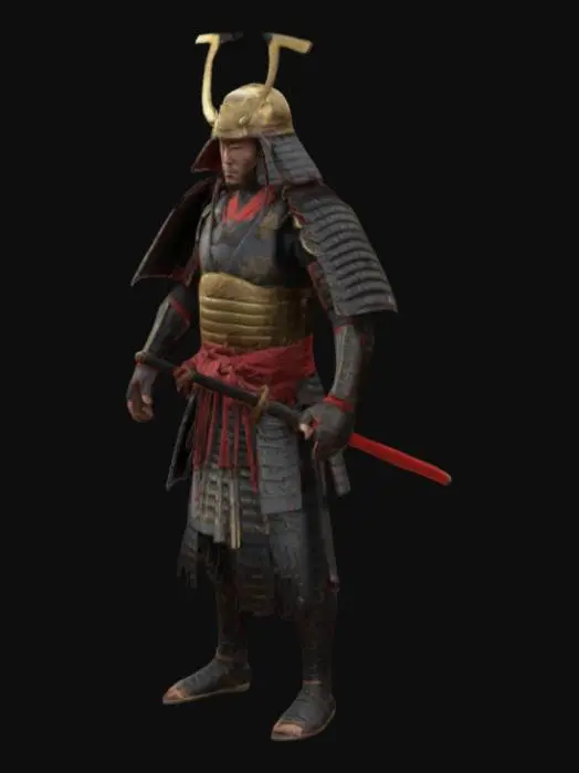 3D model for Hyperrealistic 3D render of a stoic samurai warrior in 4K resolution. He is clad in traditional samurai armor (yoroi) made of intricately detailed, black lacquered metal plates with crimson silk cords. The armor features a fearsome menpo (face mask) with a fierce expression and a kabuto (helmet) adorned with a golden crescent moon maedate (crest). He grips a katana with a meticulously crafted hilt and a polished steel blade reflecting the ambient light. The samurai stands in a dynamic pose
