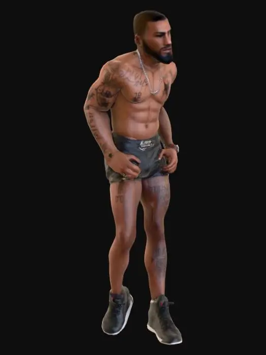 3D model for Generate a south african numbers gang member with no shirt on covered in tattoos and a star tattoo on each shoulder wearing air jordan high top sneakers