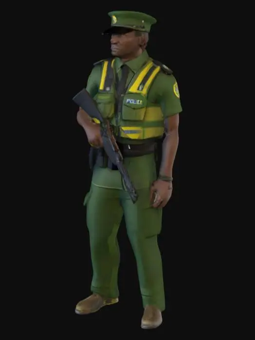 3D model for Go and search for references and generate a game ready South African Police Officer. The police officer should be a well built Xhosa man