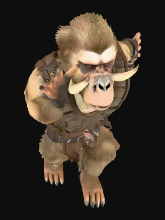 3D model for Generate a game ready character. He is a cross between gibbon and human and has a tight fitting armor on. He has tusks like a warthog and carries a knobkierie. Generate in T-Pose