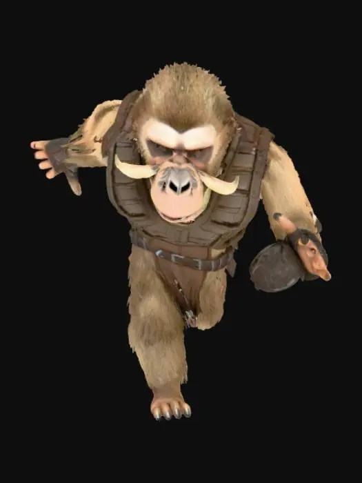 3D model for Generate a game ready character. He is a cross between gibbon and human and has a tight fitting armor on. He has tusks like a warthog and carries a knobkierie. Generate in T-Pose