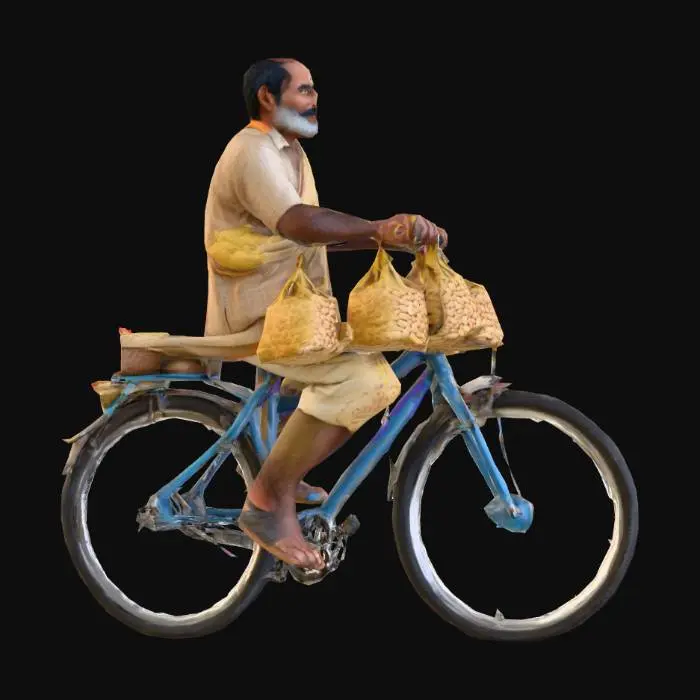 3D model for Generate an indian man on a bicycle with 5 bags of peanuts he is selling
