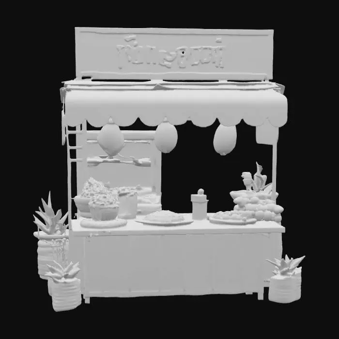 3D model for A street stall selling food. There are dishes on the table containing pad krapow, moo ping, sticky rice, skewers and pizza. The advertising is in thai, #food#