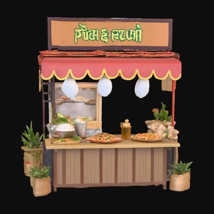 3D model for A street stall selling food. There are dishes on the table containing pad krapow, moo ping, sticky rice, skewers and pizza. The advertising is in thai, #food#