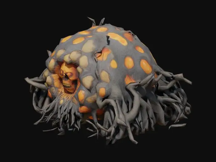 3D model for Zombie hive with roots that span around. Orange middle with face inside.