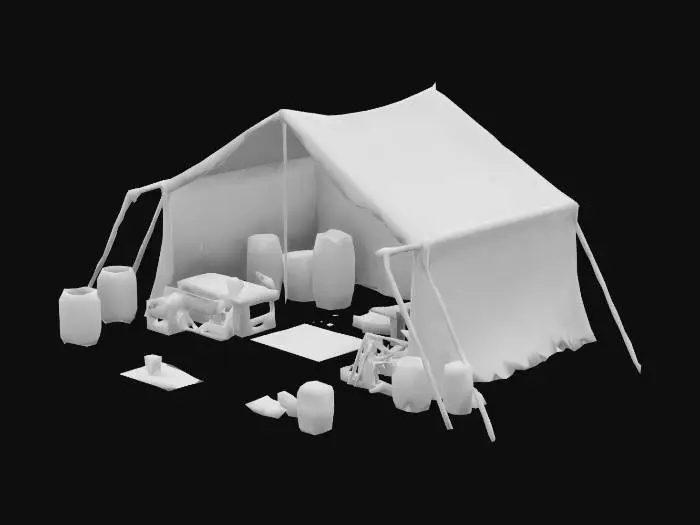 3D model for Low-poly temporary outside desert base with a computer
