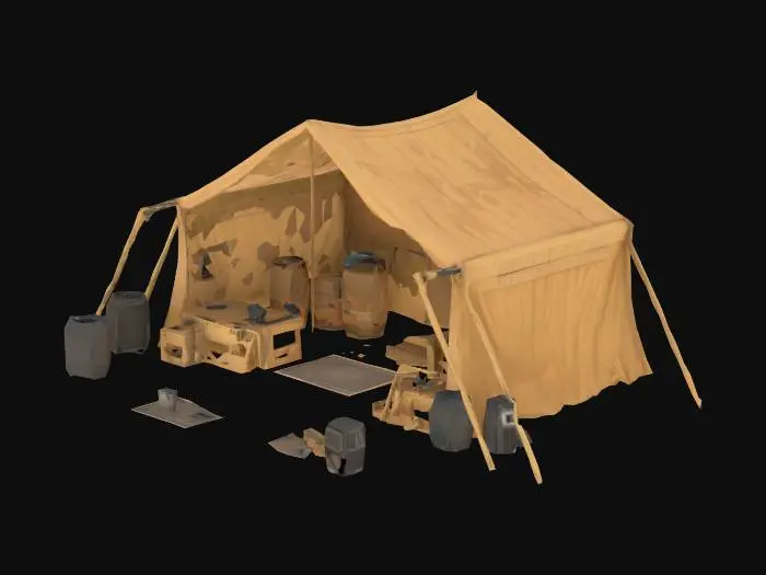 3D model for Low-poly temporary outside desert base with a computer