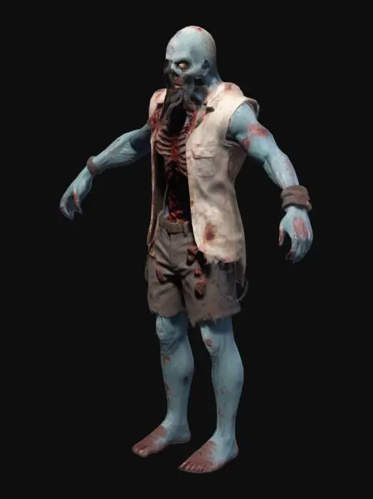 3D model for 3D Model of a zombie with explosives, a bit bloody and damaged, low-poly style, T-pose.