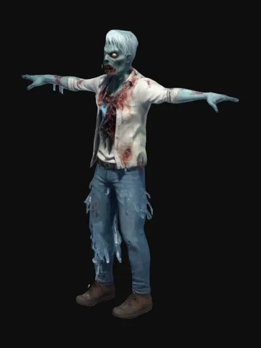 3D model for 3D Model of a zombie, a bit bloody and damaged, Ice sticking out, frozen icicles sticking out, with clothes, low-poly style, T-pose.