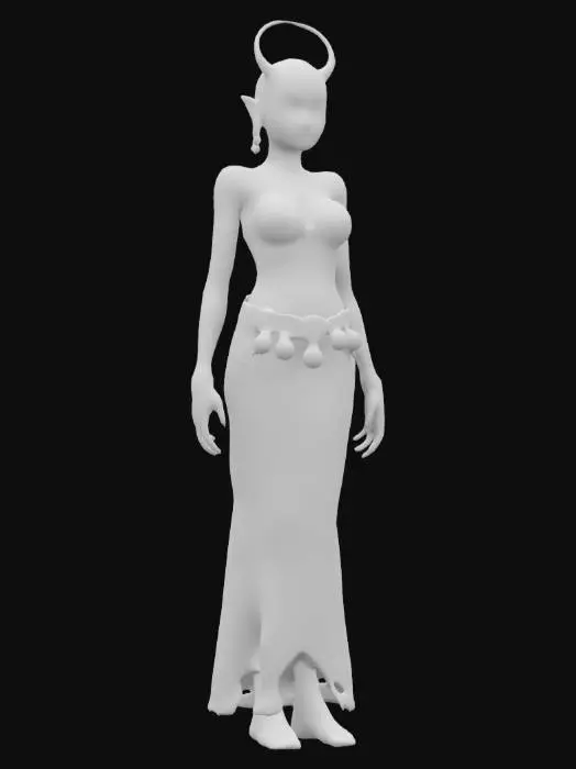 3D model for Eine schöne Alienfrau trägt ein weißes Kleid mit goldenen Verzierungen. Sie trägt goldenen Haraschmuck und goldene Schuhe. Ihr Gürtel enthält kleine Lampen, die leuchten.