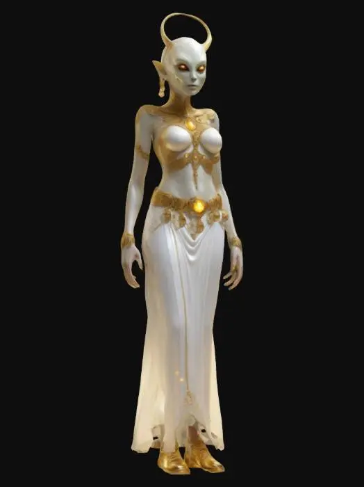 3D model for Eine schöne Alienfrau trägt ein weißes Kleid mit goldenen Verzierungen. Sie trägt goldenen Haraschmuck und goldene Schuhe. Ihr Gürtel enthält kleine Lampen, die leuchten.