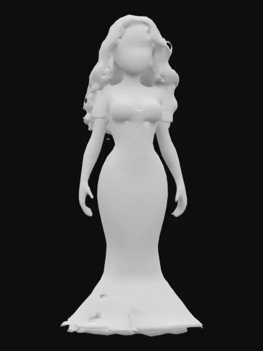 3D model for A Caucasian woman in her 30s with blonde, wavy hair styled in vintage curls, wearing a fitted green dress. 