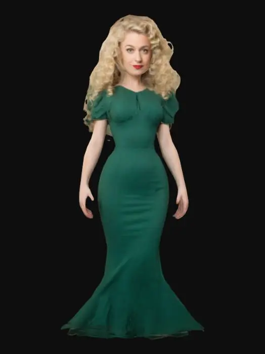 3D model for A Caucasian woman in her 30s with blonde, wavy hair styled in vintage curls, wearing a fitted green dress. 