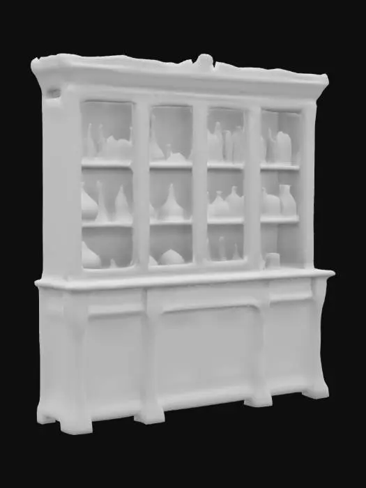 3D model for Ein alter Schrank im Labor. Er ist gefüllt mit verschiedenen Laborgläsern. Diese sind gefüllt mit Säften in verschiedenen Farben.
