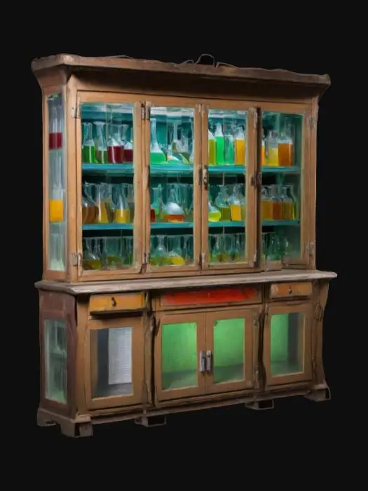 3D model for Ein alter Schrank im Labor. Er ist gefüllt mit verschiedenen Laborgläsern. Diese sind gefüllt mit Säften in verschiedenen Farben.