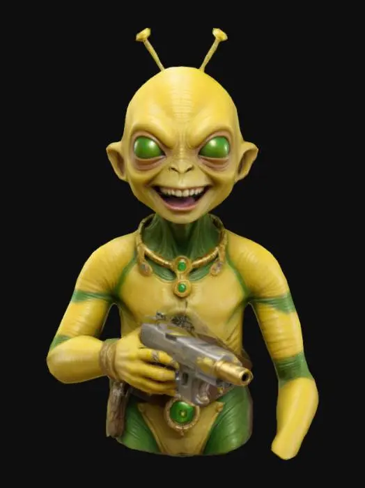 3D model for Ein super perfekt detalierter gelber Alien. Seine Haut sieht wie Leder aus. An den Körperrändern hat er grüne Streifen. Seine Zunge ist grün und er lacht. Sein goldener  Schmuck und sein Gürtel haben viele Verifizierungen. Er trägt eine Läserpistole  am Gürtel. Am Kopf befindet sich eine kleine Antenne.
