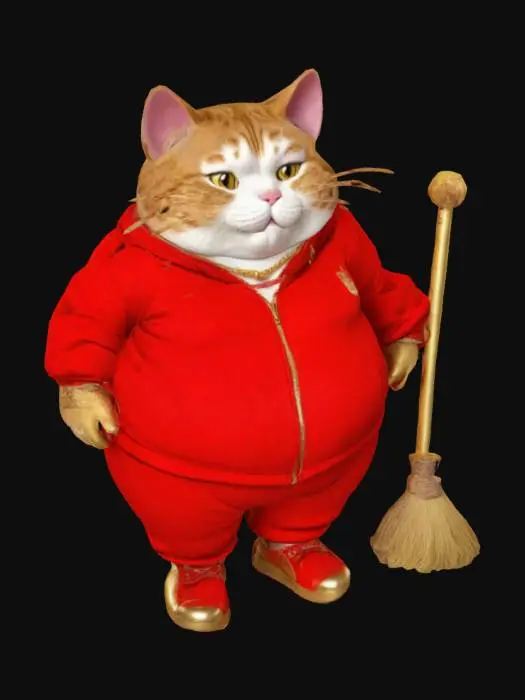 3D model for Eine dicke Katze trägt einen roten Trainingsanzug. Sie trägt goldenen Schmuck. Ihre Hackenschuhe sind auch aus Gold. In ihrer rechten Hand trägt sie einen  Besen.

