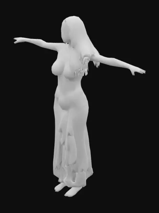 3D model for Eine wunderschöne Bauchtänzerin. Ihre Bekleidung ist gold rot.  Neben der Tänzerin stehen 2 Palmen.  Die Wiese ist voller kleiner Blumen.