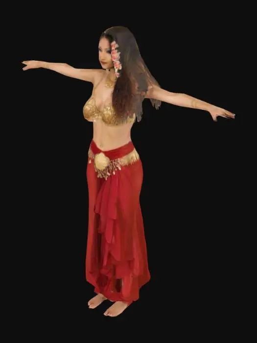 3D model for Eine wunderschöne Bauchtänzerin. Ihre Bekleidung ist gold rot.  Neben der Tänzerin stehen 2 Palmen.  Die Wiese ist voller kleiner Blumen.