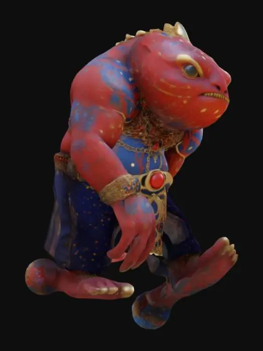 3D model for > "A large, red humanoid creature with intricate patterns of lighter blue spots on its skin. The creature is adorned with large, spherical beads in gold and red, forming necklaces and bracelets. It wears a black and gold patterned belt and dark blue, textured pants with an organic appearance. Its feet are in sandals with purple and gold accents. The creature has a single large eye in the center of its forehead and spiky hair or protrusions around its head. The design is detailed and fantastical