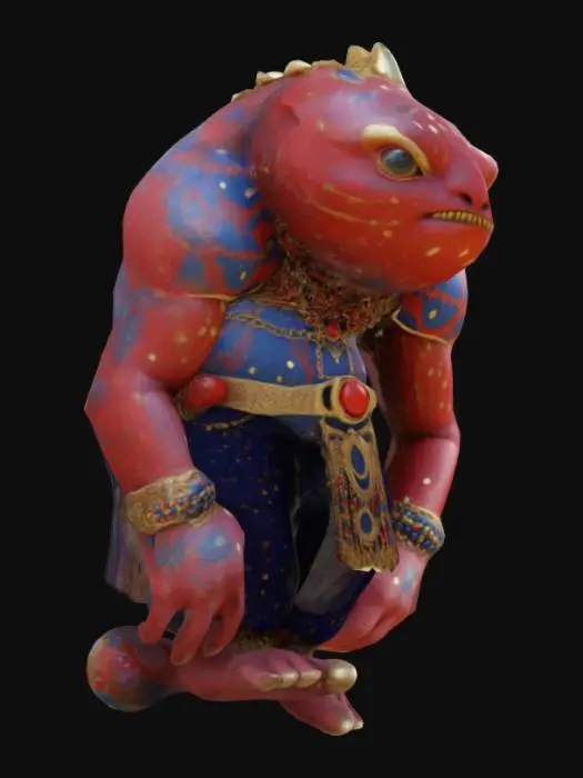 3D model for > "A large, red humanoid creature with intricate patterns of lighter blue spots on its skin. The creature is adorned with large, spherical beads in gold and red, forming necklaces and bracelets. It wears a black and gold patterned belt and dark blue, textured pants with an organic appearance. Its feet are in sandals with purple and gold accents. The creature has a single large eye in the center of its forehead and spiky hair or protrusions around its head. The design is detailed and fantastical