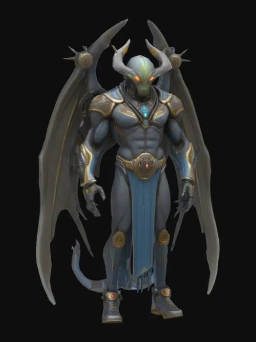 3D model for Ganzkörperaufnahme,  detailreicher, außerirdischer, futuristischer, megagroßer, massiver und massiger männlicher Alien  mit einer halbgottähnlichen Maske mit Ornamenten, mit funkelnden oder leuchtenden Augen, einem futuristischen Hightech-Kampfanzug mit Ornamenten, Stammesgravuren, enormen Flügeln und Düsentriebwerken, riesigen Stacheln, langen Kabeln, Drähten, brennenden Ketten und krummen Tentakeln, umgeben von einem dunklen, technologischen Hintergrund mit Feuer, Flammen, Rauch und leuchtenden Elementen.