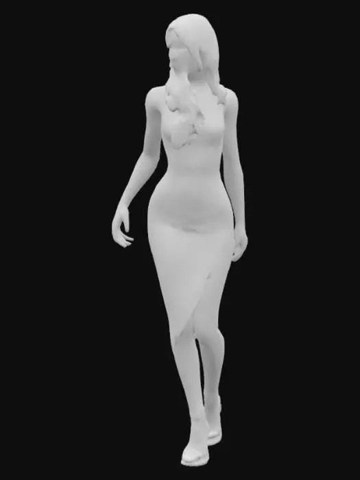 3D model for Full body shot. A young, slender, fair-skinned woman with long, wavy blonde hair wears a long, tight-fitting red dress with a side slit just above the knee. Her shoes are very fashionable strappy high heels.