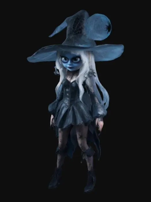 3D model for A magical Gothic witch is standing, casting a spell, wearing a huge and broken wizard hat with a spider web net, her long silver hair fluttering in the wind, and her ice blue eyes shining. The damaged Gothic leather outfit and damaged spider web tulle outfit, a slender waist and deep collarbone, she is lighted by hazy moonlight, mysterious. All is  Extremely Detailed and is of extreme high quality, seen from all sides such as the backside and the inside of the legs and arms, Full body, one face