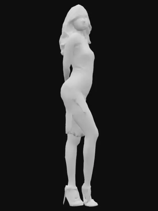 3D model for Full body shot. A young, slender, fair-skinned woman with long, wavy blonde hair wears a long, tight-fitting red dress with a side slit just above the knee. Her shoes are very fashionable strappy high heels.