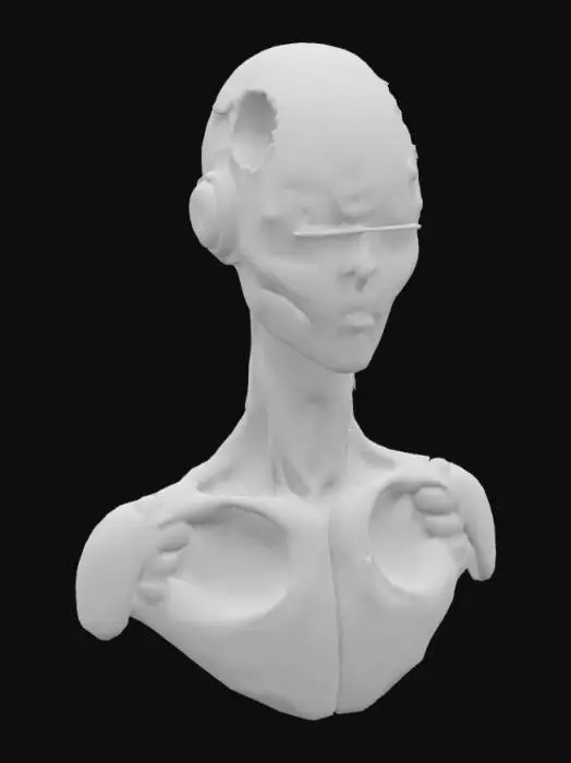 3D model for A surreal digital artwork depicting an android head. The eyes contain stars and planets, and the skin is made from space rock geode. The body has golden hues.