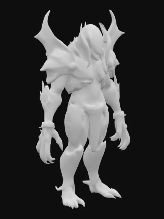 3D model for Ganzkörperaufnahme,  detailreicher, außerirdischer, futuristischer, megagroßer, massiver und massiger männlicher Alien  mit einer halbgottähnlichen Maske mit Ornamenten, mit funkelnden oder leuchtenden Augen, einem futuristischen Hightech-Kampfanzug mit Ornamenten, Stammesgravuren, enormen Flügeln und Düsentriebwerken, riesigen Stacheln, langen Kabeln, Drähten, brennenden Ketten und krummen Tentakeln.