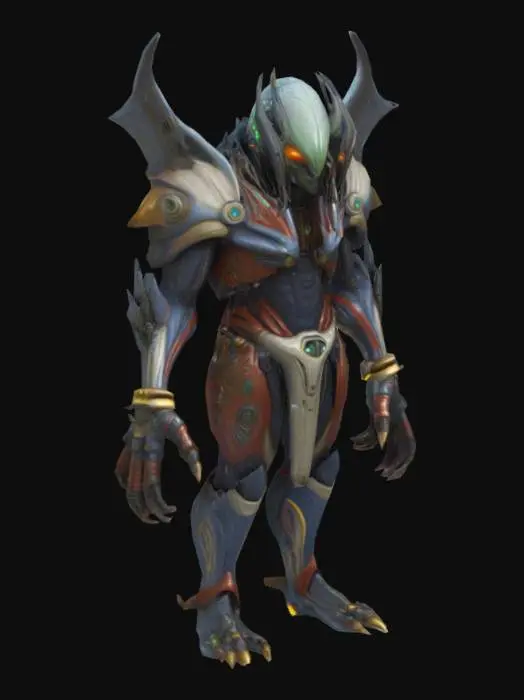 3D model for Ganzkörperaufnahme,  detailreicher, außerirdischer, futuristischer, megagroßer, massiver und massiger männlicher Alien  mit einer halbgottähnlichen Maske mit Ornamenten, mit funkelnden oder leuchtenden Augen, einem futuristischen Hightech-Kampfanzug mit Ornamenten, Stammesgravuren, enormen Flügeln und Düsentriebwerken, riesigen Stacheln, langen Kabeln, Drähten, brennenden Ketten und krummen Tentakeln.