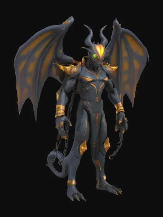 3D model for Ganzkörperaufnahme,  detailreicher, außerirdischer, futuristischer, megagroßer, massiver und massiger männlicher Alien  mit einer halbgottähnlichen Maske mit Ornamenten, mit funkelnden oder leuchtenden Augen, einem futuristischen Hightech-Kampfanzug mit Ornamenten, Stammesgravuren, enormen Flügeln und Düsentriebwerken, riesigen Stacheln, langen Kabeln, Drähten, brennenden Ketten und krummen Tentakeln.