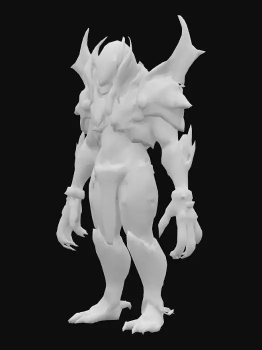 3D model for Ganzkörperaufnahme,  detailreicher, außerirdischer, futuristischer, megagroßer, massiver und massiger männlicher Alien  mit einer halbgottähnlichen Maske mit Ornamenten, mit funkelnden oder leuchtenden Augen, einem futuristischen Hightech-Kampfanzug mit Ornamenten, Stammesgravuren, enormen Flügeln und Düsentriebwerken, riesigen Stacheln, langen Kabeln, Drähten, brennenden Ketten und krummen Tentakeln.