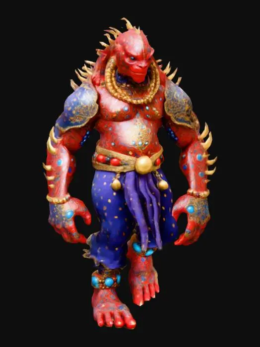 3D model for > "A large, red humanoid creature with intricate patterns of lighter blue spots on its skin. The creature is adorned with large, spherical beads in gold and red, forming necklaces and bracelets. It wears a black and gold patterned belt and dark blue, textured pants with an organic appearance. Its feet are in sandals with purple and gold accents. The creature has a single large eye in the center of its forehead and spiky hair or protrusions around its head. The design is detailed and fantastical