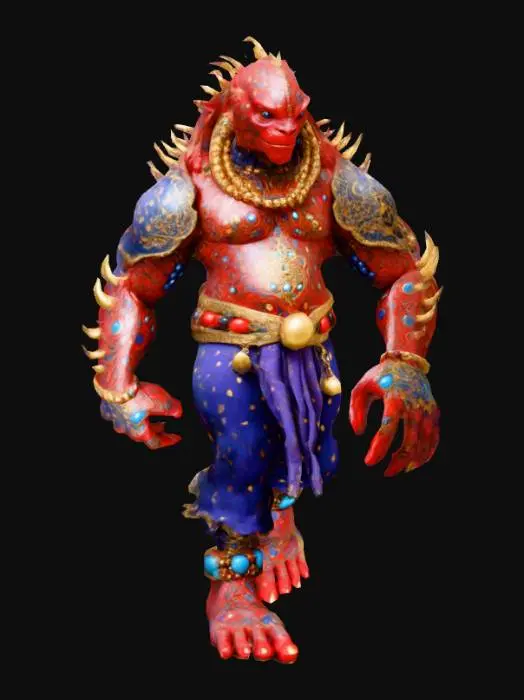 3D model for > "A large, red humanoid creature with intricate patterns of lighter blue spots on its skin. The creature is adorned with large, spherical beads in gold and red, forming necklaces and bracelets. It wears a black and gold patterned belt and dark blue, textured pants with an organic appearance. Its feet are in sandals with purple and gold accents. The creature has a single large eye in the center of its forehead and spiky hair or protrusions around its head. The design is detailed and fantastical