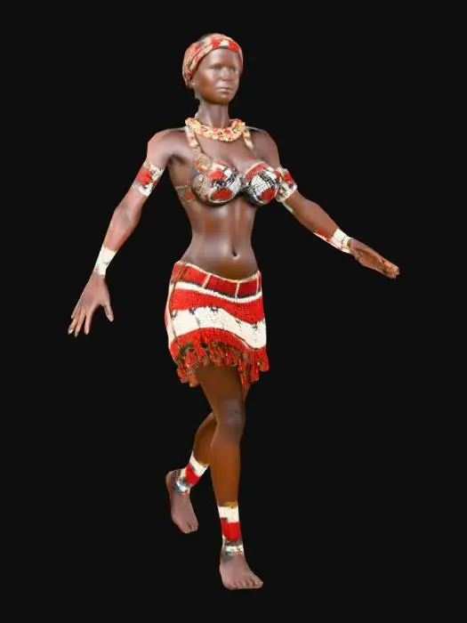 3D model for #warm tone#, 19th-century South African Zulu female civilian in a Full body T-pose stand with arms/fingers not touching body. Attire: bead necklace, bead-covered bra-like garment with red and white patterns, Colorful bead mini-skirt with intricate designs, Small arm and leg bands. Hairstyle: Short natural African haircut. Body: Detailed dark skin texture, Accurately proportioned fingers/hands/feet/toes. Ensure detailed, 4K realism, and ready for Mixamo rigging integration#Medieval Game Assets#