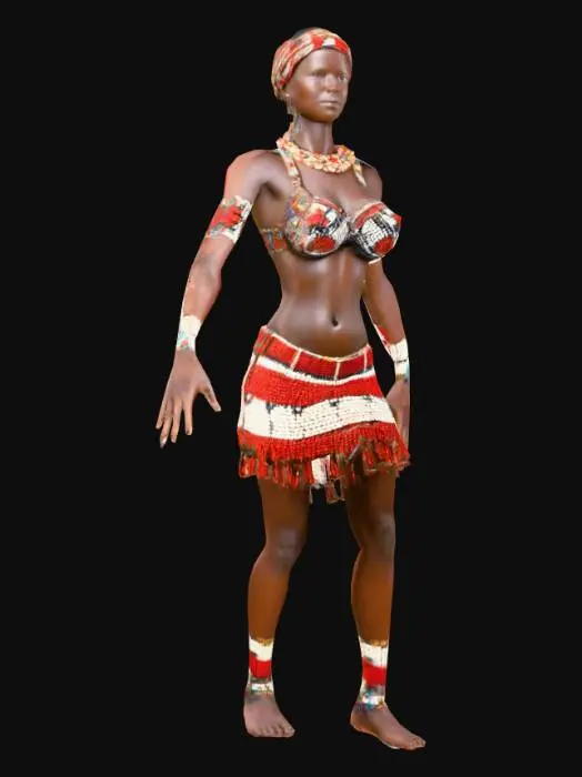 3D model for #warm tone#, 19th-century South African Zulu female civilian in a Full body T-pose stand with arms/fingers not touching body. Attire: bead necklace, bead-covered bra-like garment with red and white patterns, Colorful bead mini-skirt with intricate designs, Small arm and leg bands. Hairstyle: Short natural African haircut. Body: Detailed dark skin texture, Accurately proportioned fingers/hands/feet/toes. Ensure detailed, 4K realism, and ready for Mixamo rigging integration#Medieval Game Assets#