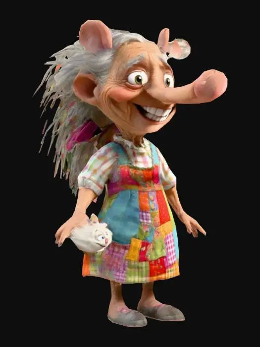 3D model for a whimsical elderly woman character with exaggerated, cartoon-like features. The character has a large, long nose and his face is heavily wrinkled with a wide toothy smile. Her hair is long, wild, and gray, with a mouse perched on it. She has large, expressive eyes and wears a colorful, patchwork dress with a white apron. The dress has various colorful squares and pockets, including a pocket containing a small purple mouse. She also wears polka dot green fangs on her feet.#disney Adventure#