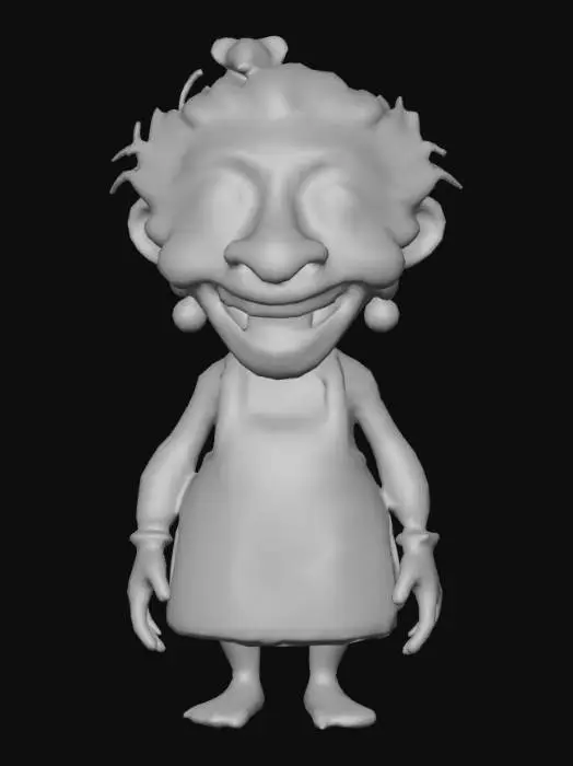 3D model for a whimsical elderly woman character with exaggerated, cartoon-like features. The character has a large, long nose and his face is heavily wrinkled with a wide toothy smile. Her hair is long, wild, and gray, with a mouse perched on it. She has large, expressive eyes and wears a colorful, patchwork dress with a white apron. The dress has various colorful squares and pockets, including a pocket containing a small purple mouse. She also wears polka dot green fangs on her feet.#disney Adventure#
