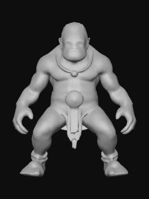 3D model for > "A large, red humanoid creature with intricate patterns of lighter blue spots on its skin. The creature is adorned with large, spherical beads in gold and red, forming necklaces and bracelets. It wears a black and gold patterned belt and dark blue, textured pants with an organic appearance. Its feet are in sandals with purple and gold accents. The creature has a single large eye in the center of its forehead and spiky hair or protrusions around its head. The design is detailed and fantastical
