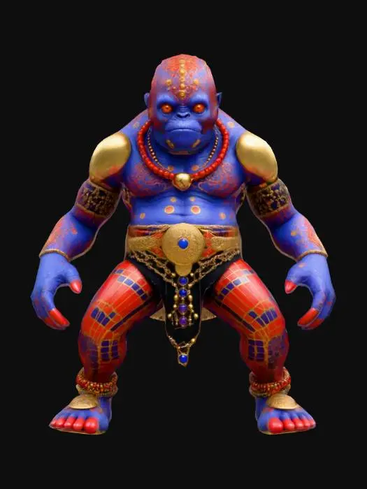 3D model for > "A large, red humanoid creature with intricate patterns of lighter blue spots on its skin. The creature is adorned with large, spherical beads in gold and red, forming necklaces and bracelets. It wears a black and gold patterned belt and dark blue, textured pants with an organic appearance. Its feet are in sandals with purple and gold accents. The creature has a single large eye in the center of its forehead and spiky hair or protrusions around its head. The design is detailed and fantastical
